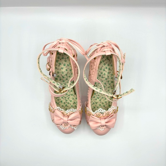 Bow Lace Princess Lolita Shoes Womens Chunky High Heels Ankle Strap Pumps Size 8 - Picture 2 of 12